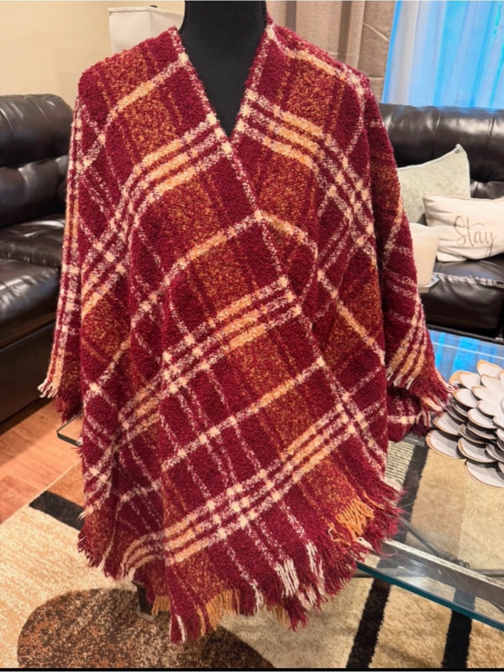 Colleen Lopez Plaid Poncho Shawl Sweater - Burgundy Cream Med